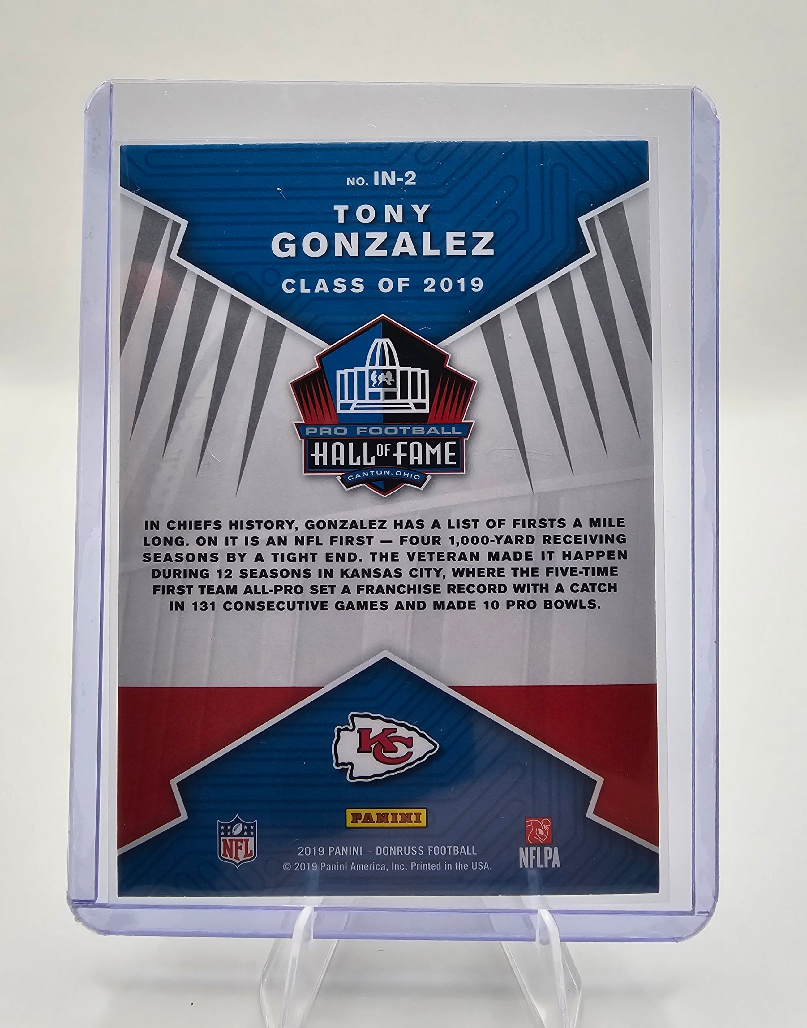 Tony Gonzalez 2019 Donruss “Inducted” Kansas City Chiefs Card