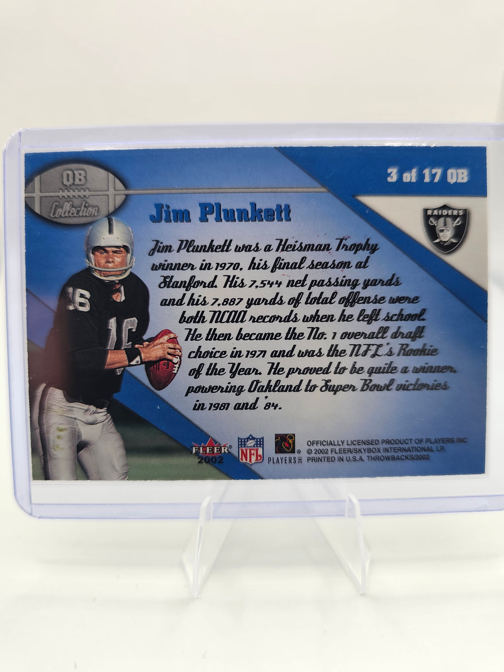 2002 Fleer Throwbacks #3 QB Jim Plunkett QB Collection #0104/1500