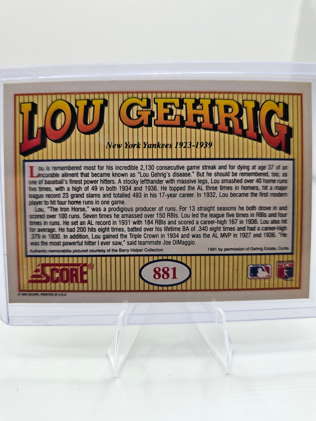 1992 Score #881 Lou Gehrig