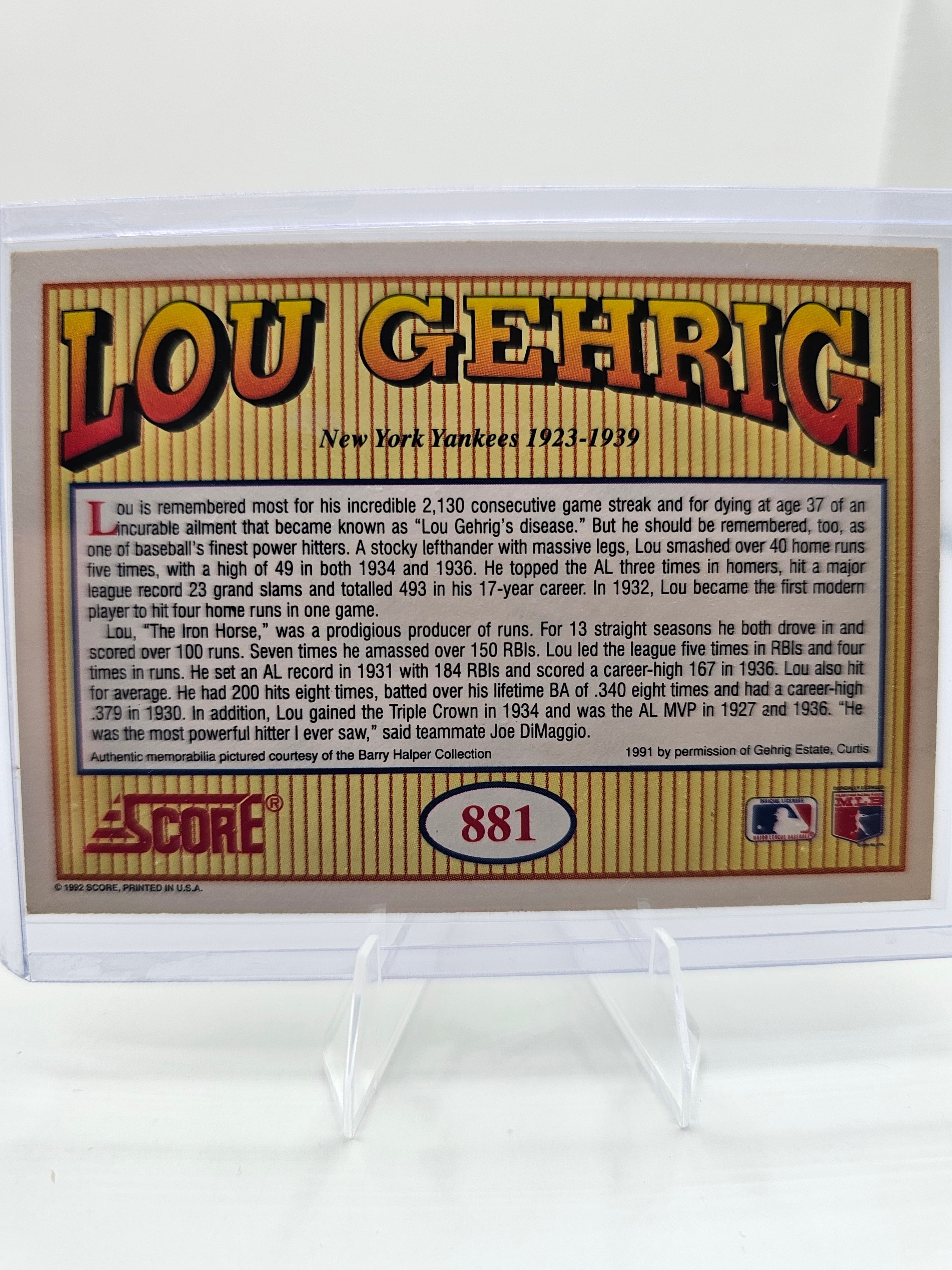 1992 Score #881 Lou Gehrig