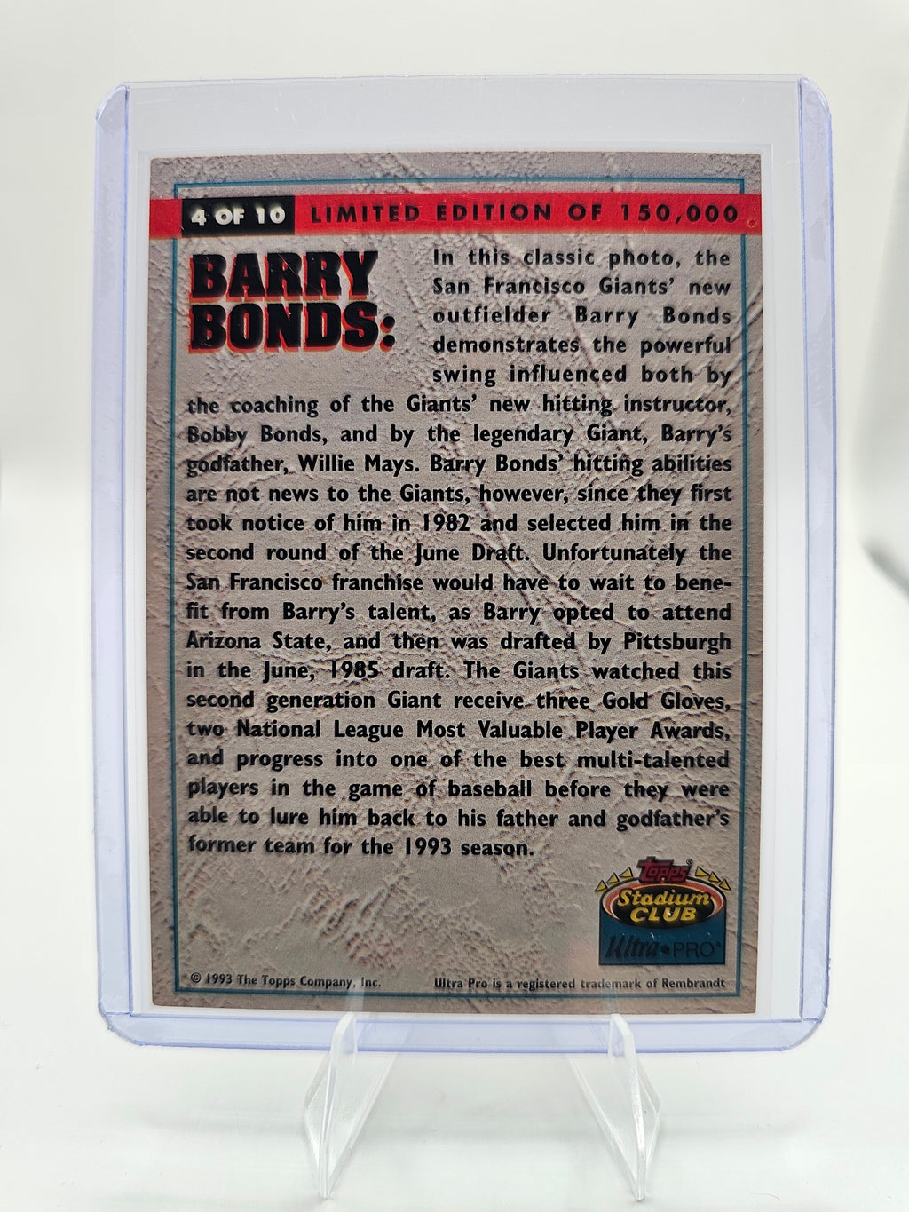 1993 Stadium Club Ultra-Pro #4 Barry Bonds