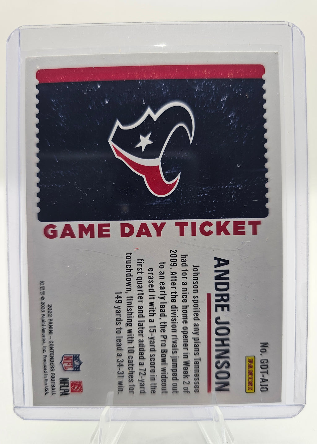 2022 Panini Contenders #GDT-AJO Andre Johnson Game Day Ticket