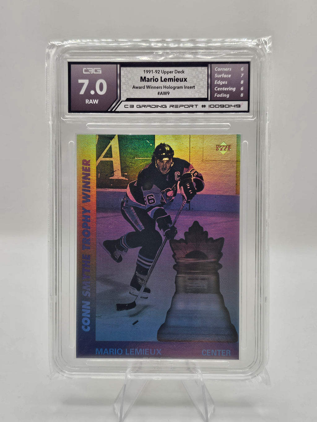 1991–92 Upper Deck Mario Lemieux #AW9 Hologram C3 Graded 7.0