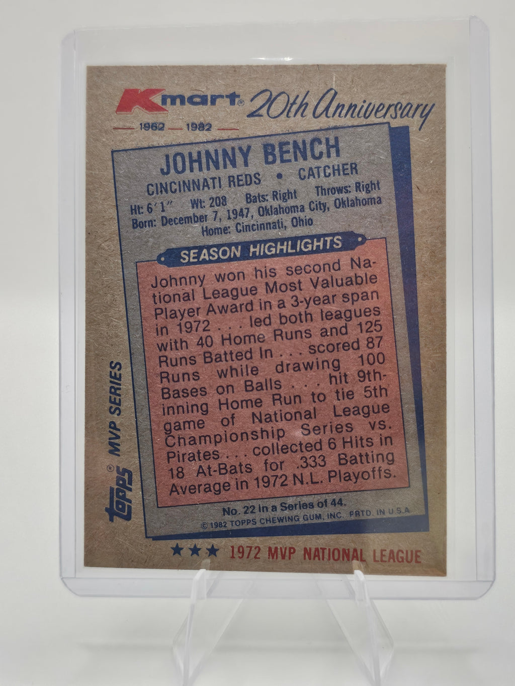 1982 Topps Kmart 20th Anniversary MVP Series Johnny Bench Cincinnati Reds