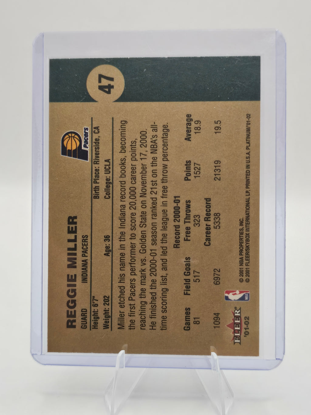 2001-02 Fleer Platinum #47 Reggie Miller Indiana Pacers Hall of Fame NBA Card