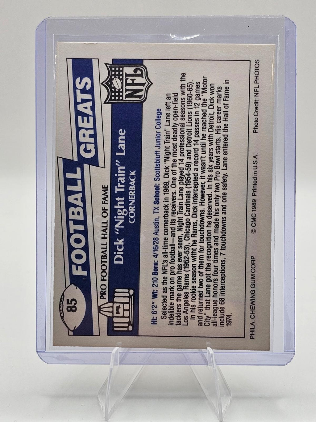 1989 Swell Greats #85 Dick “Night Train” Lane Detroit Lions HOF